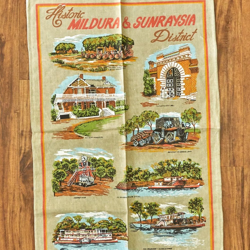 Vintage Australia Mildura Sunraysia Historic District Linen Cotton Tea Towel